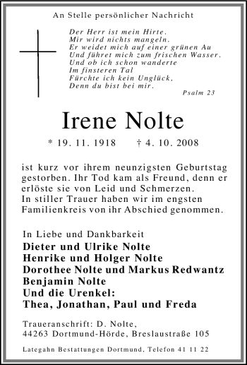 Traueranzeige von Irene Nolte von Tageszeitung
