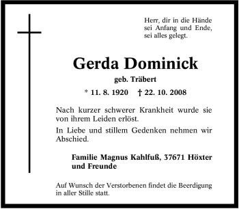Traueranzeige von Gerda Dominick von Tageszeitung