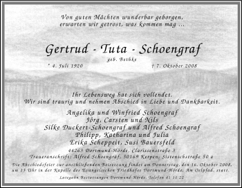 Traueranzeige von Gertrud - Tuta Schoengraf von Tageszeitung