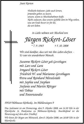 Traueranzeige von Jürgen Rickert-Löser von Tageszeitung