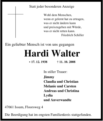 Traueranzeige von Hardi Walter von Tageszeitung