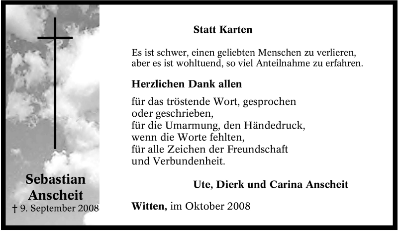  Traueranzeige für Sebastian Anscheit vom 04.10.2008 aus Tageszeitung