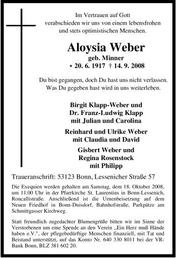 Traueranzeige von Aloysia Weber von Tageszeitung