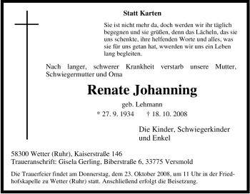 Traueranzeige von Renate Johanning von Tageszeitung