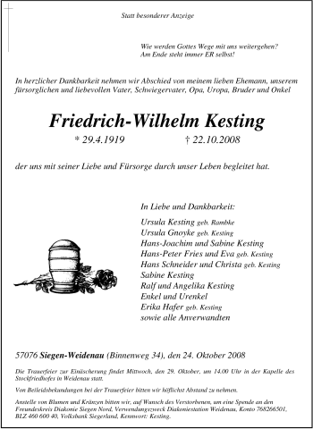 Traueranzeige von Friedrich-Wilhelm Kesting von Tageszeitung