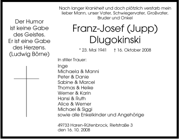 Traueranzeige von Franz-Josef (Jupp) Dlugokinski von Tageszeitung