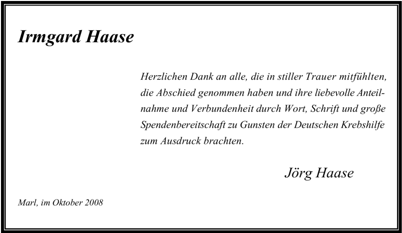  Traueranzeige für Irmgard Haase vom 18.10.2008 aus Tageszeitung