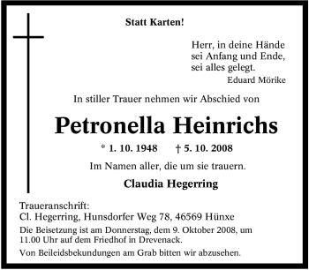 Traueranzeige von Petronella Heinrichs von Tageszeitung