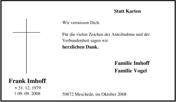 Traueranzeige von Frank Imhoff von Tageszeitung
