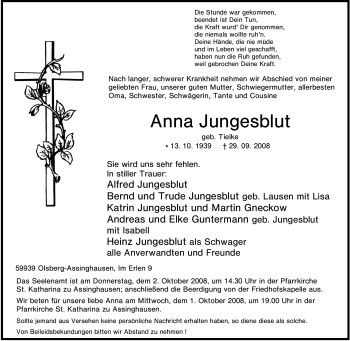 Traueranzeige von Anna Jungesblut von Tageszeitung