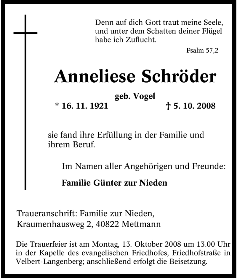  Traueranzeige für Anneliese Schröder vom 08.10.2008 aus Tageszeitung