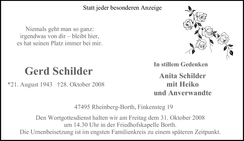  Traueranzeige für Gerd Schilder vom 29.10.2008 aus Tageszeitung