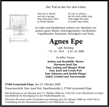 Traueranzeige von Agnes Epe von Tageszeitung