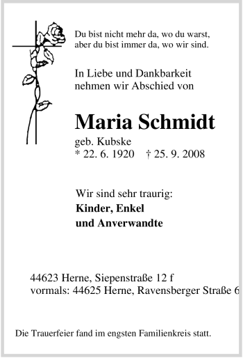 Traueranzeige von Maria Schmidt von Tageszeitung
