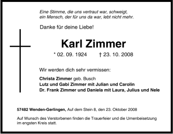 Traueranzeige von Karl Zimmer von Tageszeitung