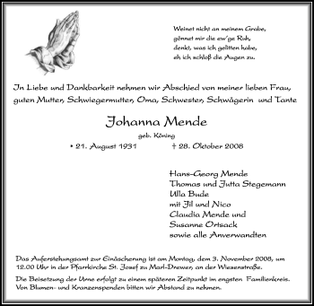 Traueranzeige von Johanna Mende von Tageszeitung