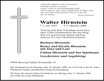 Traueranzeige von Walter Hirnstein von Tageszeitung