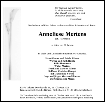 Traueranzeige von Anneliese Mertens von Tageszeitung