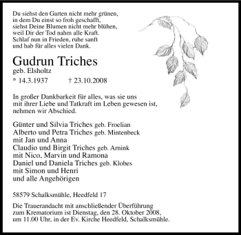 Traueranzeige von Gudrun Triches von Tageszeitung