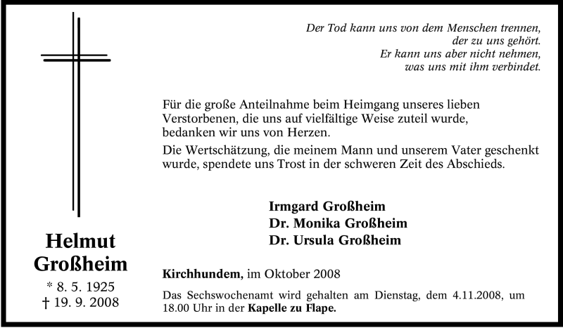  Traueranzeige für Helmut Großheim vom 28.10.2008 aus Tageszeitung