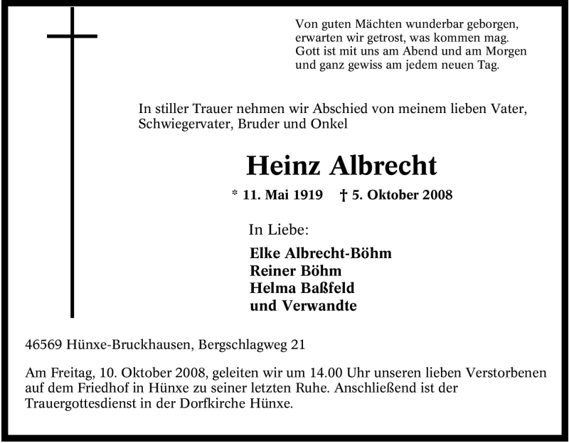  Traueranzeige für Heinz Albrecht vom 07.10.2008 aus Tageszeitung