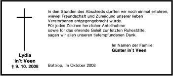 Traueranzeige von Lydia in`t Veen von Tageszeitung