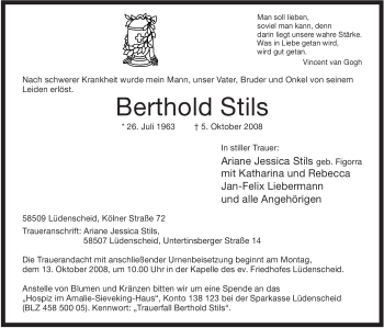 Traueranzeige von Berthold Stils von Tageszeitung