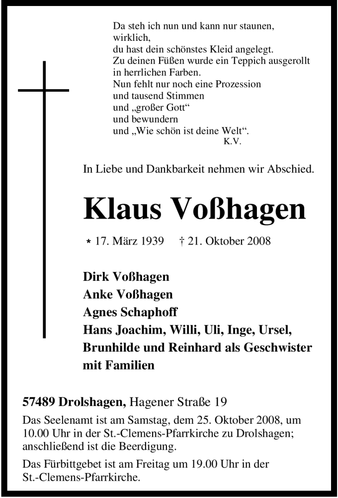  Traueranzeige für Klaus Voßhagen vom 23.10.2008 aus Tageszeitung