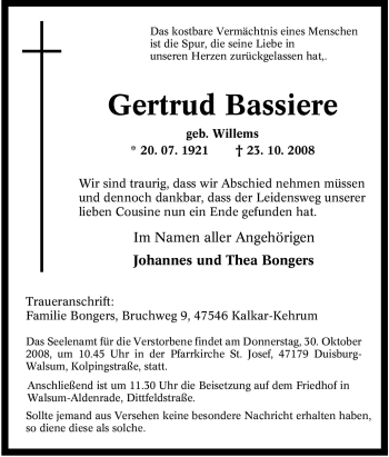 Traueranzeige von Gertrud Bassiere von Tageszeitung