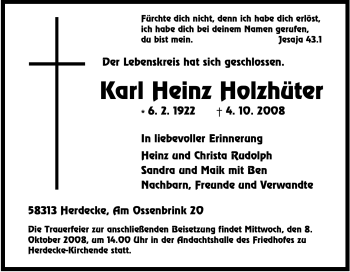 Traueranzeige von Karl Heinz Holzhüter von Tageszeitung
