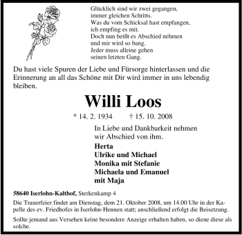 Traueranzeige von Willi Loos von Tageszeitung