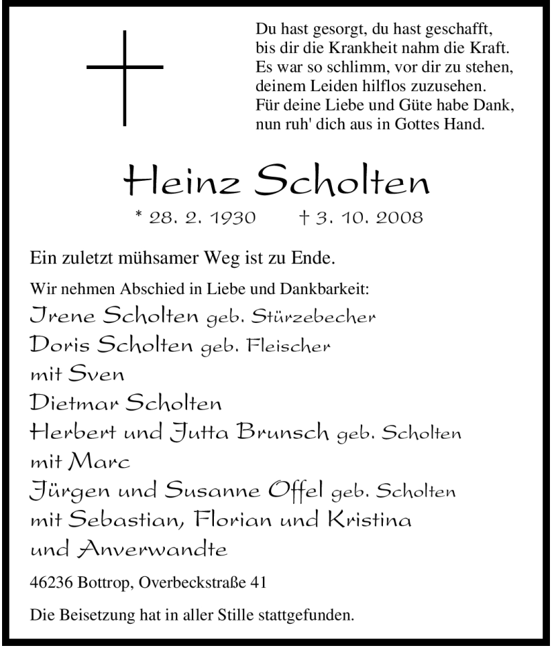  Traueranzeige für Heinz Scholten vom 11.10.2008 aus Tageszeitung