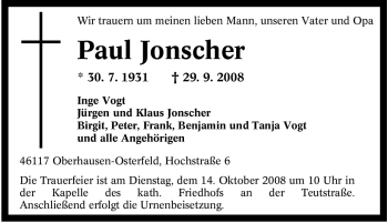 Traueranzeige von Paul Jonscher von Tageszeitung