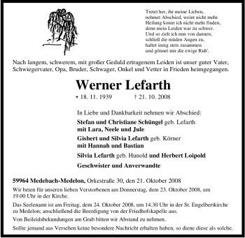 Traueranzeige von Werner Lefarth von Tageszeitung