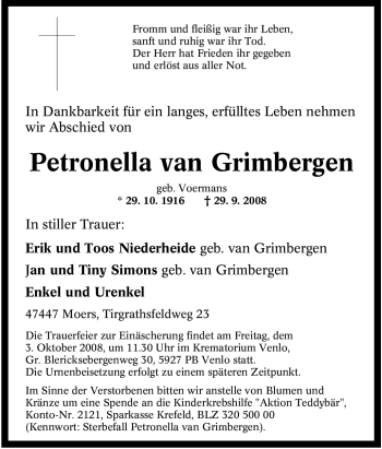 Traueranzeige von Petronella van Grimbergen von Tageszeitung