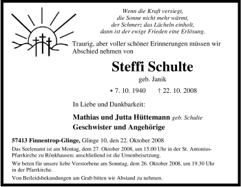Traueranzeige von Steffi Schulte von Tageszeitung