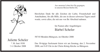 Traueranzeige von Juliette Scheler von Tageszeitung