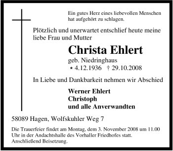 Traueranzeige von Christa Ehlert von Tageszeitung