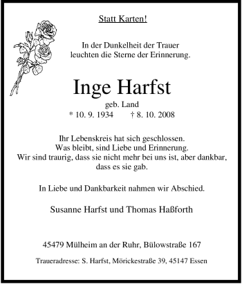 Traueranzeige von Inge Harfst von Tageszeitung