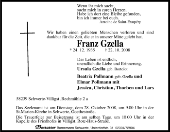 Traueranzeige von Franz Gzella von Tageszeitung