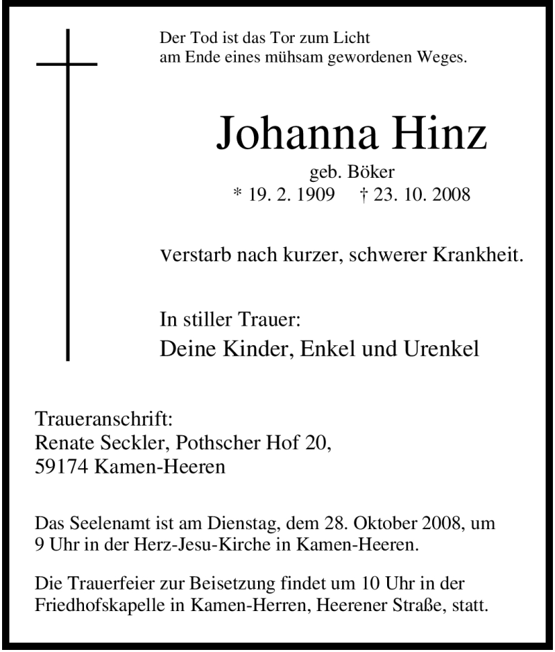  Traueranzeige für Johanna Hinz vom 24.10.2008 aus Tageszeitung