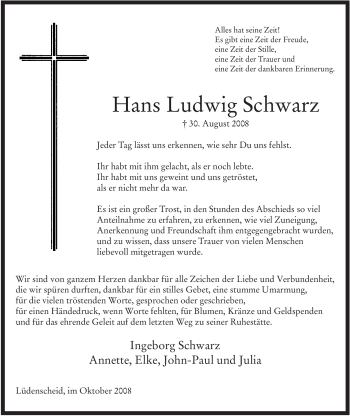 Traueranzeige von Hans Ludwig Schwarz von Tageszeitung