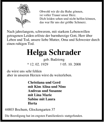 Traueranzeige von Helga Schrader von Tageszeitung