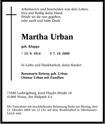 Traueranzeige von Martha Urban von Tageszeitung