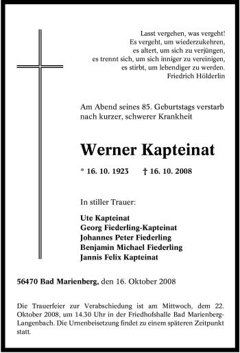 Traueranzeige von Werner Kapteinat von Tageszeitung