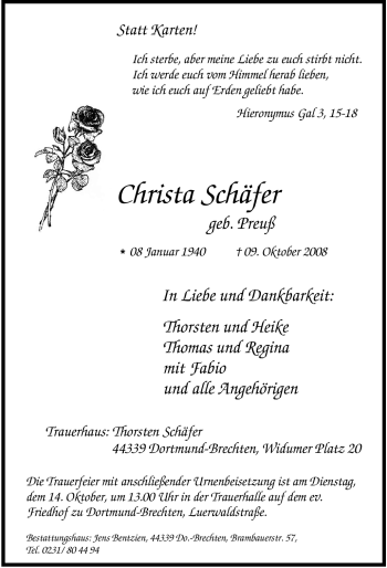 Traueranzeige von Christa Schäfer von Tageszeitung
