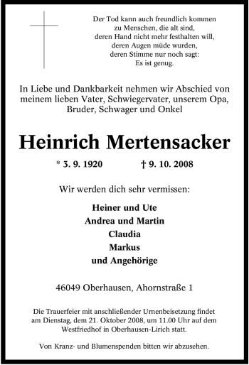 Traueranzeige von Heinrich Mertensacker von Tageszeitung
