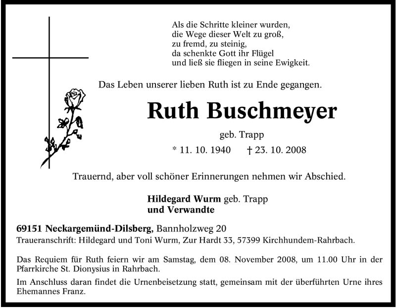  Traueranzeige für Ruth Buschmeyer vom 31.10.2008 aus Tageszeitung