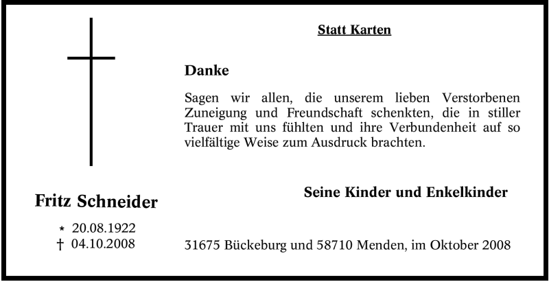  Traueranzeige für Fritz Schneider vom 25.10.2008 aus Tageszeitung