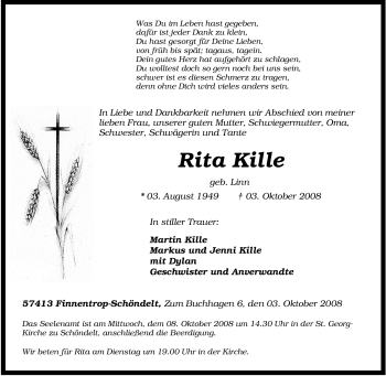 Traueranzeige von Rita Kille von Tageszeitung
